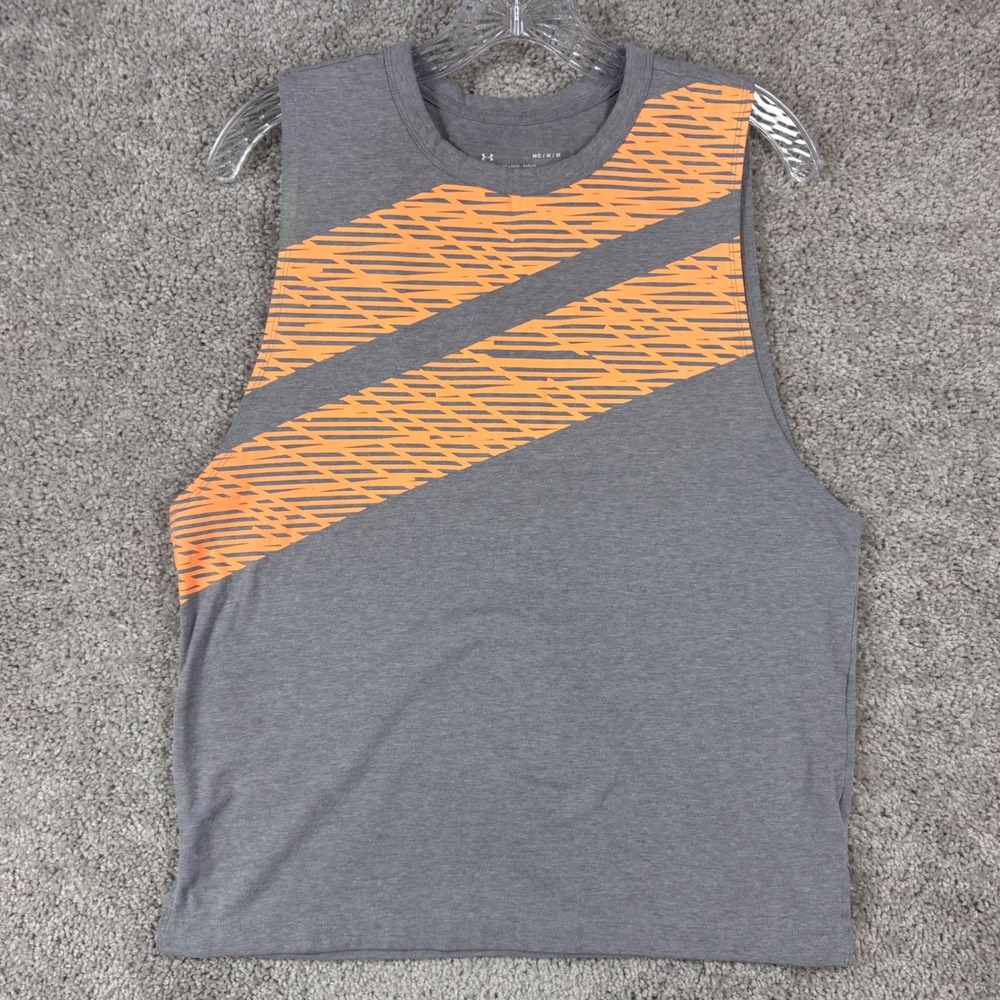 Under Armour Womens HeatGear Loose Muscle Tank Top Gray Orange Graphic Size M
